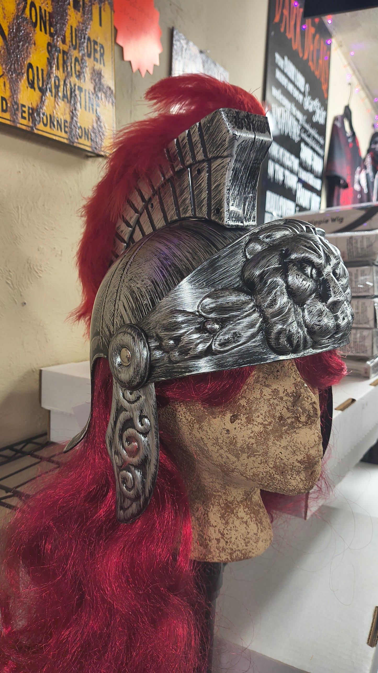 Gladiator Lion Helmet with Red Feathers in Silver