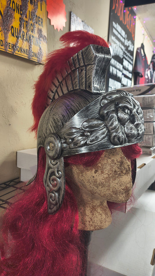 Gladiator Lion Helmet with Red Feathers in Silver