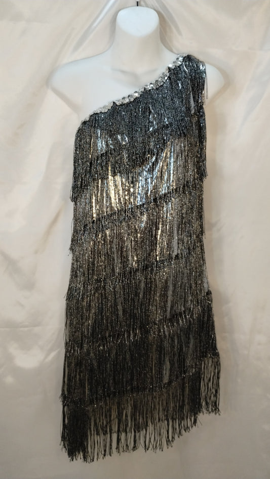 Slant Fringe Flapper Dress (Silver) - M