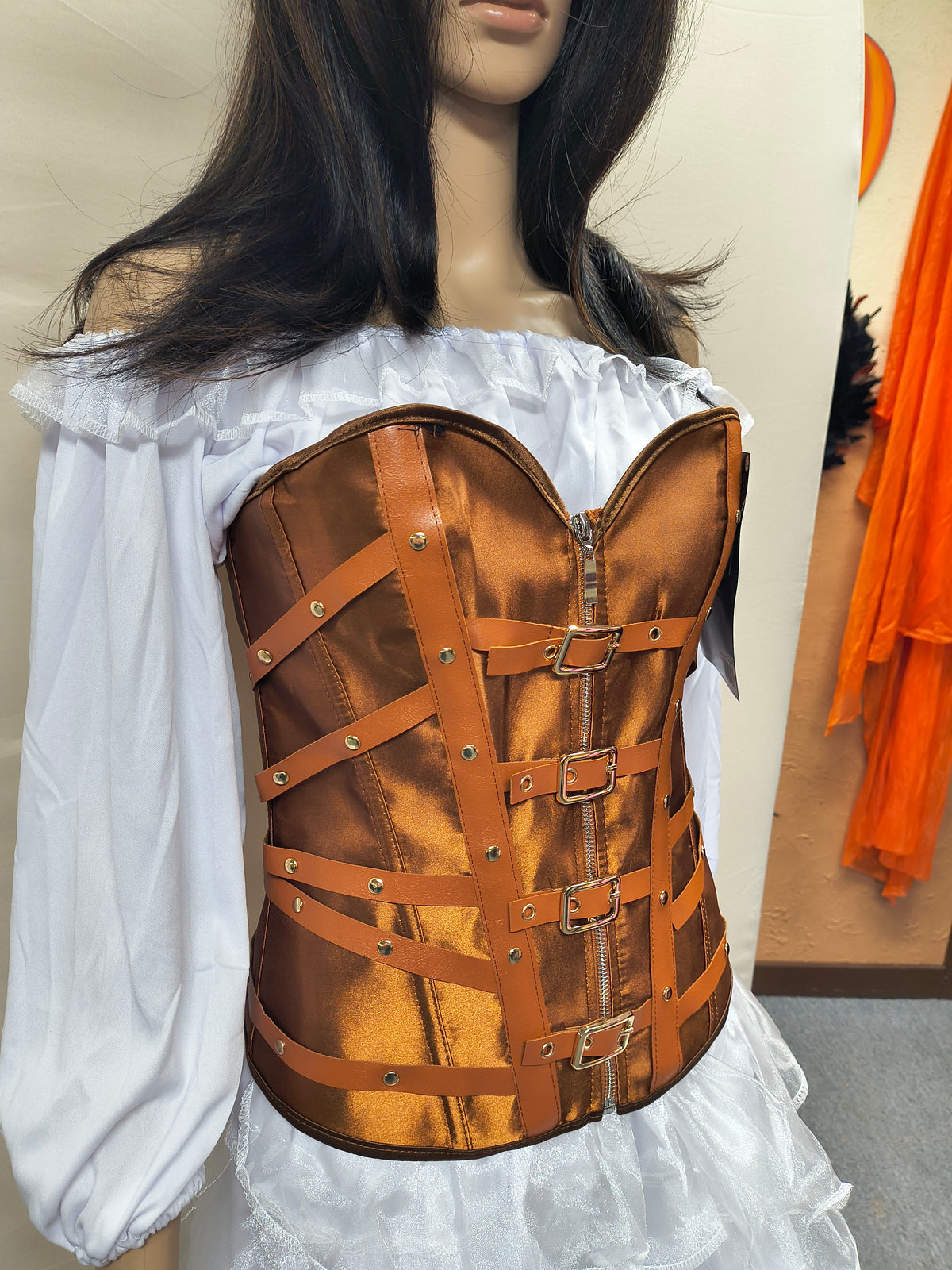 Faux Leather Corset w/ Straps - Brown